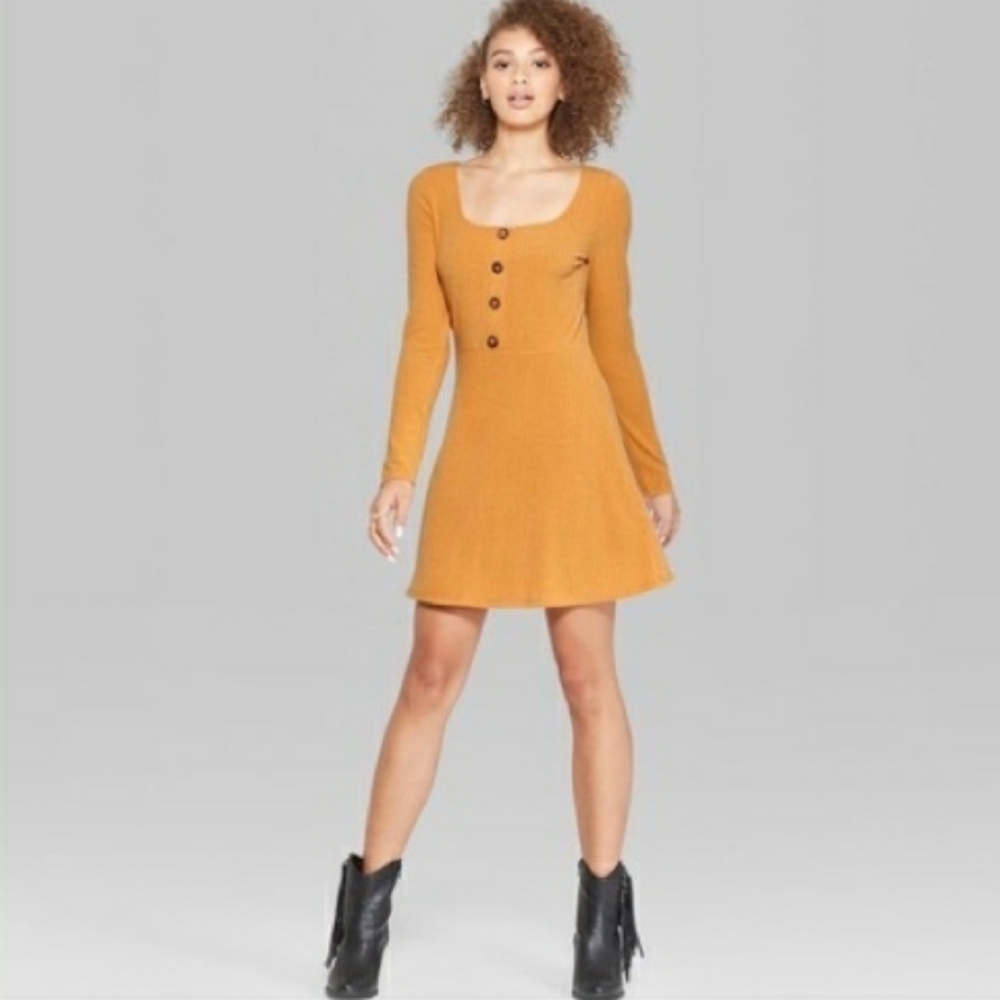 Wild Fable Gold Ribbed Knit Long Sleeve A-line Dress Size Small ☆NWT☆ - Picture 1 of 6